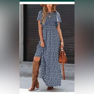 PRETTYGARDEN Women's Summer Casual Flutter Short Sleeve Boho Floral Maxi Dress